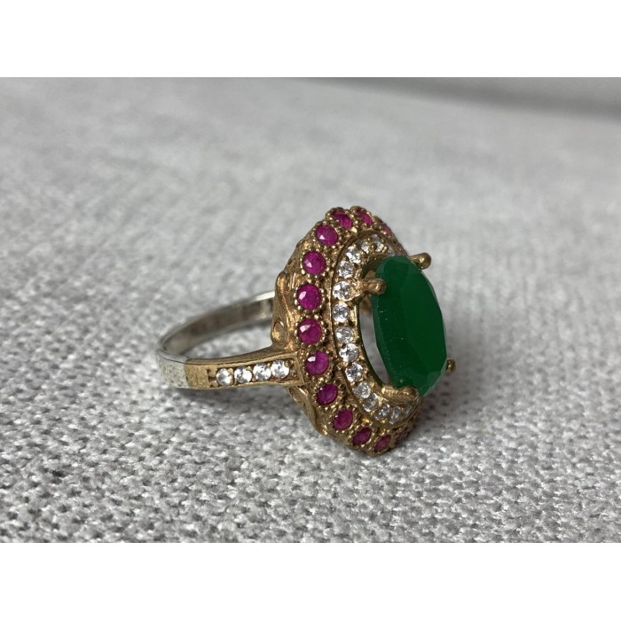 Sky Jewelry Серебряное кольцо с зеленым камнем Алпанит и розовыми камнями Шпинель