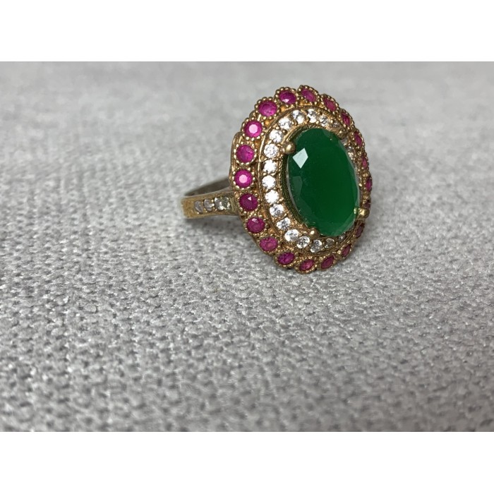 Sky Jewelry Серебряное кольцо с зеленым камнем Алпанит и розовыми камнями Шпинель