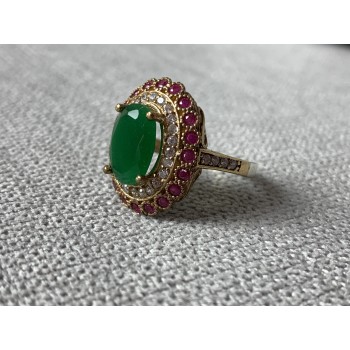 Sky Jewelry Серебряное кольцо с зеленым камнем Алпанит и розовыми камнями Шпинель