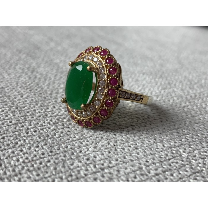 Sky Jewelry Серебряное кольцо с зеленым камнем Алпанит и розовыми камнями Шпинель