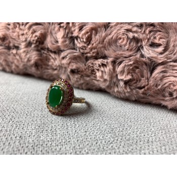 Sky Jewelry Серебряное кольцо с зеленым камнем Алпанит и розовыми камнями Шпинель