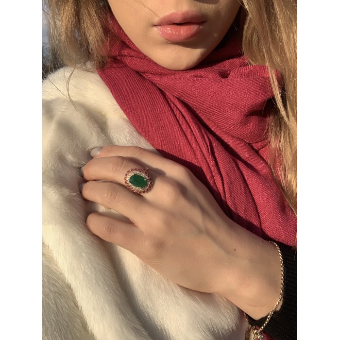 Sky Jewelry Серебряное кольцо с зеленым камнем Алпанит и розовыми камнями Шпинель