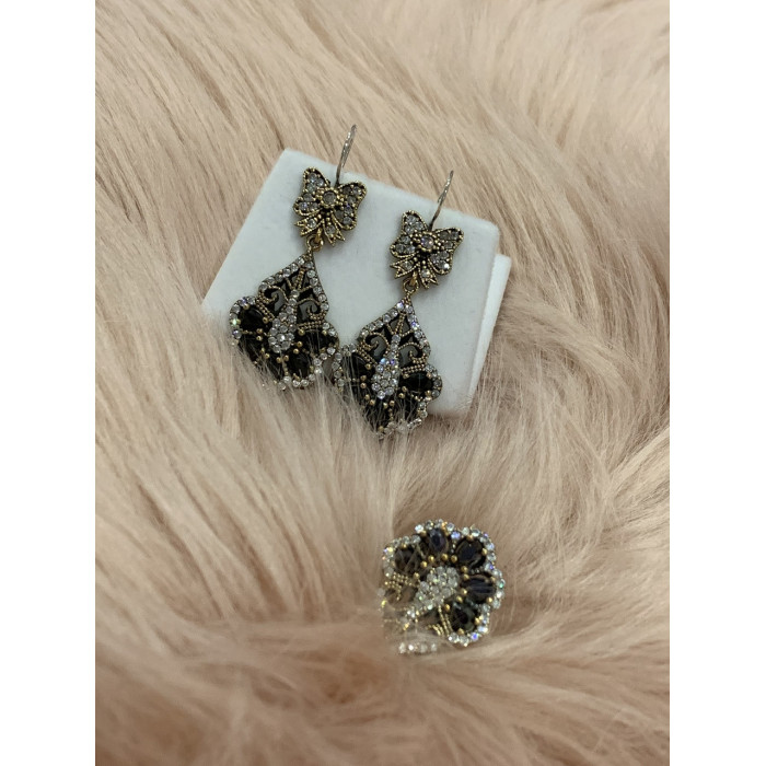 Sky Jewelry Серебряный комплект с черным камнем Турмалин (Шерл)