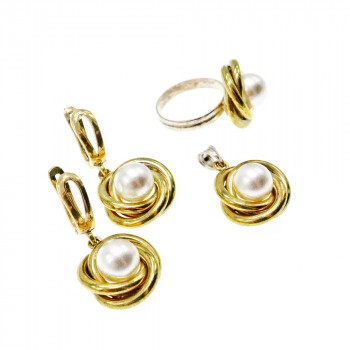 Sky Jewelry Серебряный комплект 925 пробы в позолоте с имитацией жемчуга