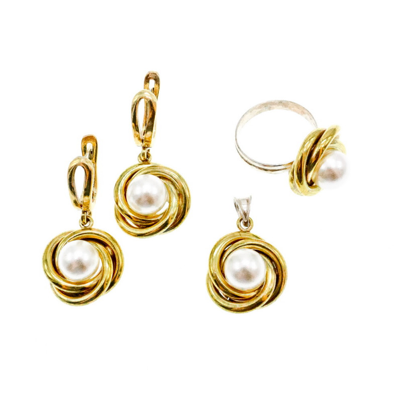 Sky Jewelry Серебряный комплект 925 пробы в позолоте с имитацией жемчуга