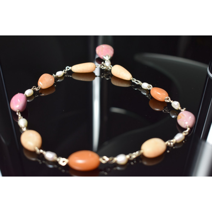 Sky Jewelry Серебряное ожерелье с камнями Розовый Кварц, Желтый Агат и Оранжевый Карнеол (Сердолик)