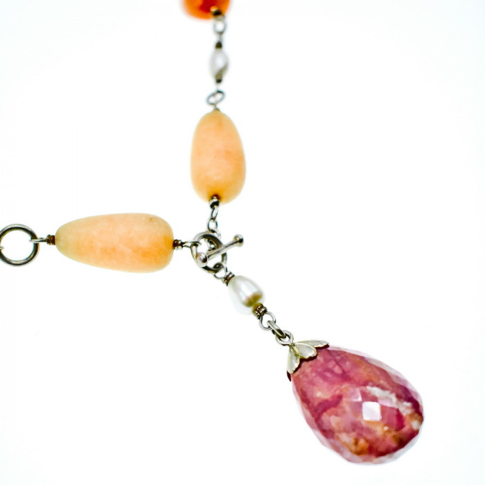 Sky Jewelry Серебряное ожерелье с камнями Розовый Кварц, Желтый Агат и Оранжевый Карнеол (Сердолик)