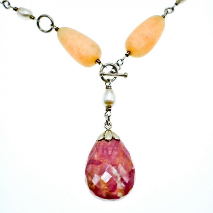 Sky Jewelry Серебряное ожерелье с камнями Розовый Кварц, Желтый Агат и Оранжевый Карнеол (Сердолик)