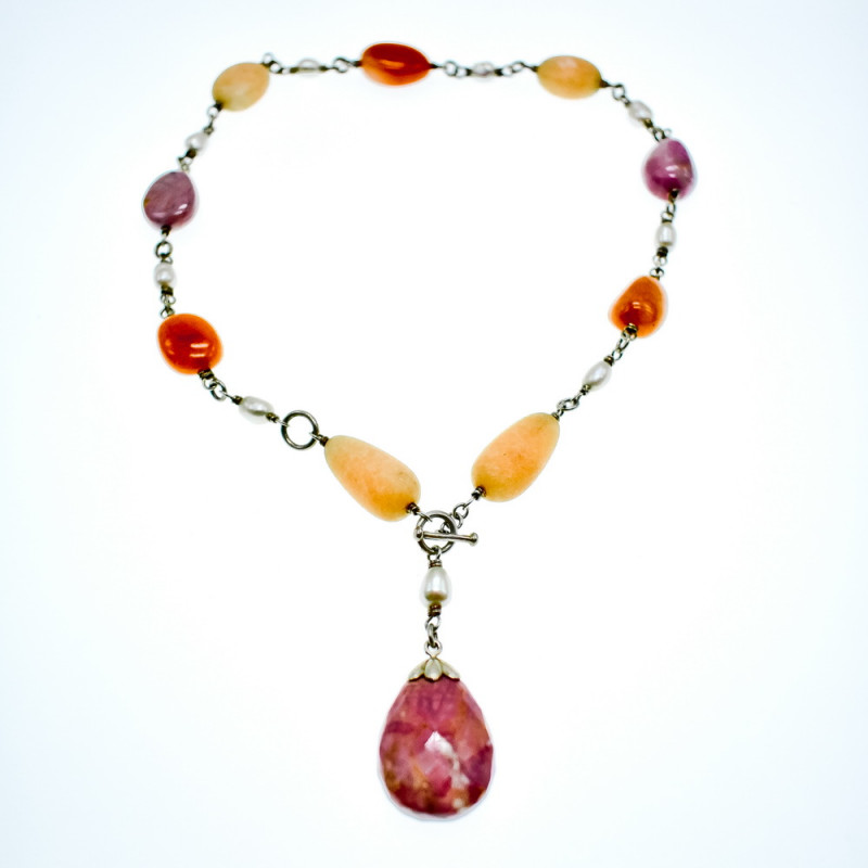 Sky Jewelry Серебряное ожерелье с камнями Розовый Кварц, Желтый Агат и Оранжевый Карнеол (Сердолик)