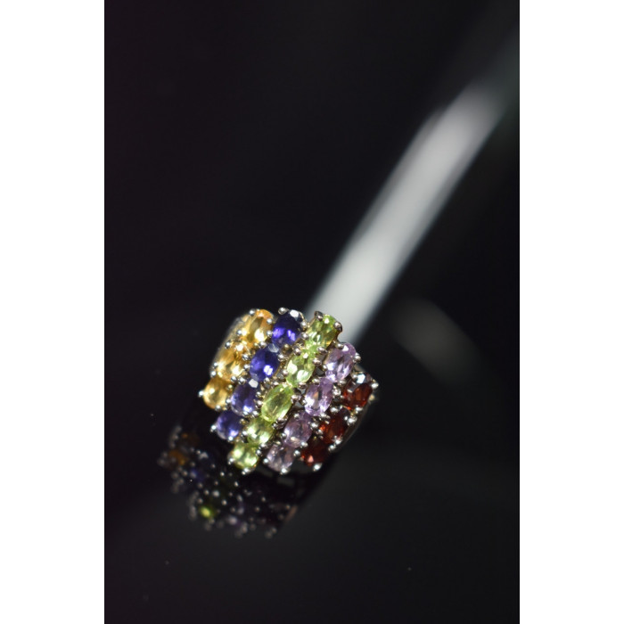 Sky Jewelry Серебряное кольцо с Гранатом, Танзанитом, Перидотом, Аметистом и Гелиодором