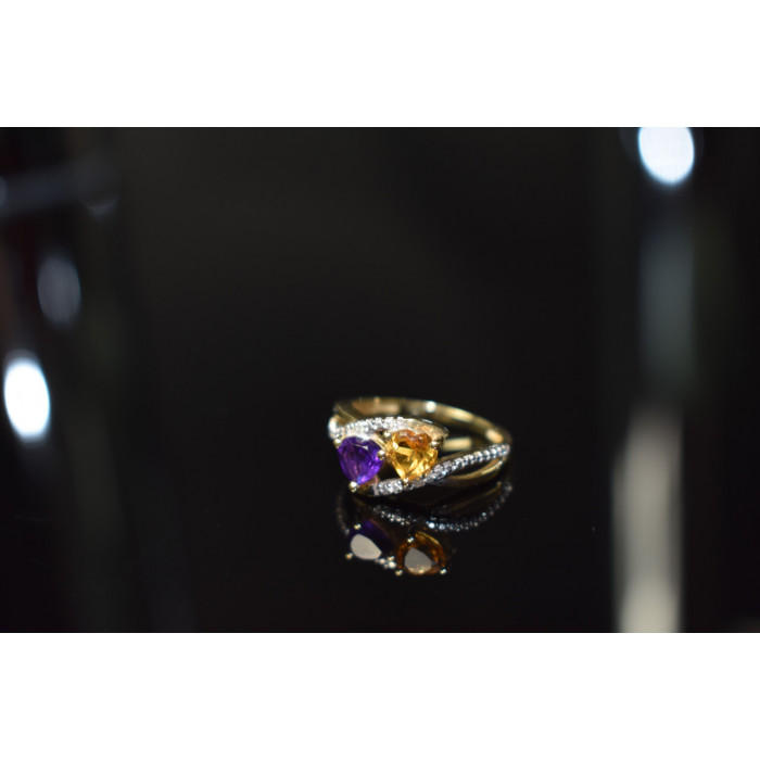 Sky Jewelry Золотое кольцо 10К (417 проба) с Аметистом и Гелиодором