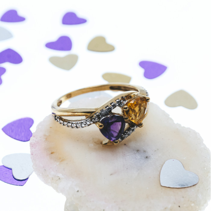 Sky Jewelry Золотое кольцо 10К (417 проба) с Аметистом и Гелиодором