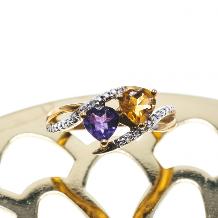 Sky Jewelry Золотое кольцо 10К (417 проба) с Аметистом и Гелиодором