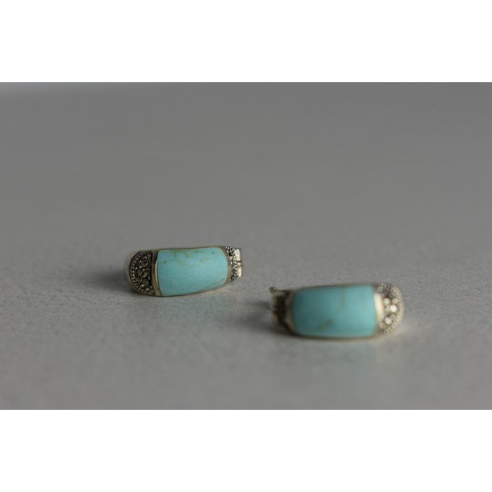 Sky Jewelry Серебряные серьги с Бирюзой и камнями Морион