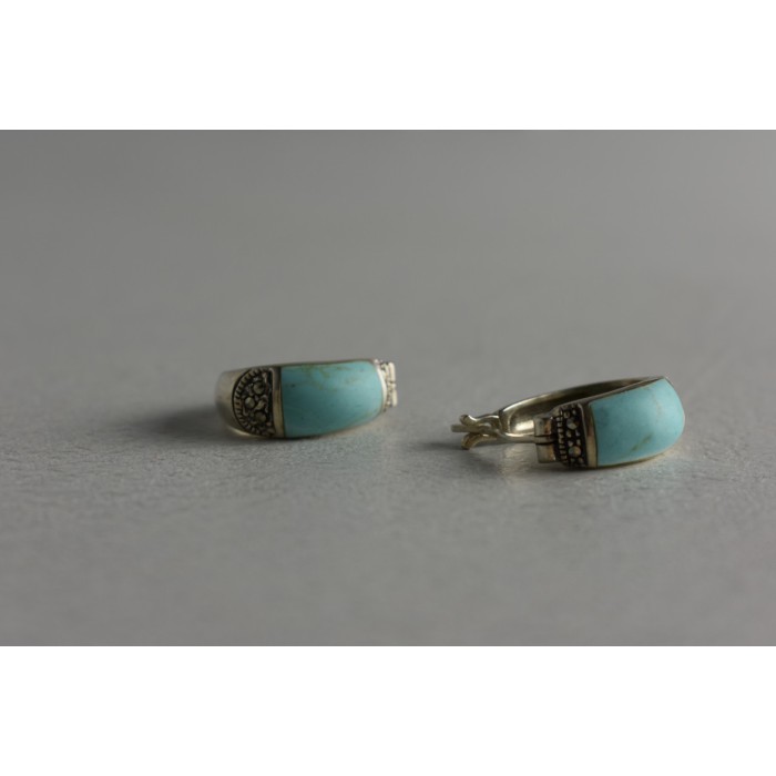 Sky Jewelry Серебряные серьги с Бирюзой и камнями Морион