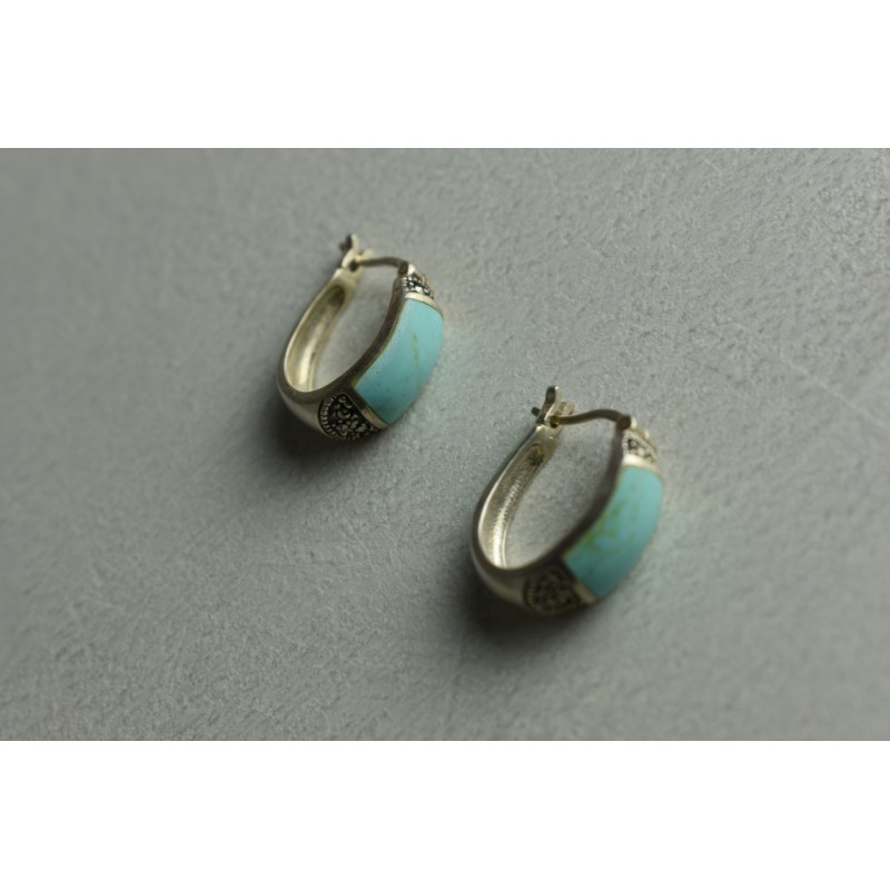 Sky Jewelry Серебряные серьги с Бирюзой и камнями Морион