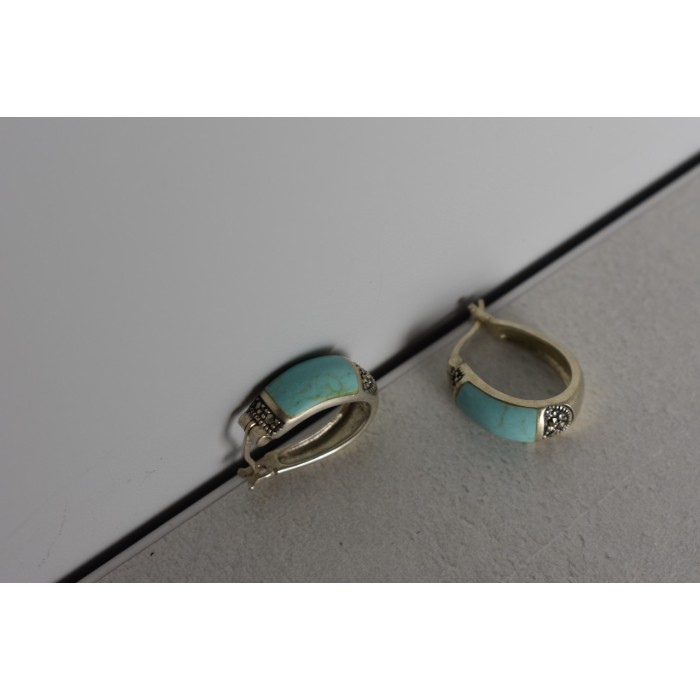 Sky Jewelry Серебряные серьги с Бирюзой и камнями Морион