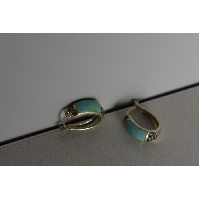 Sky Jewelry Серебряные серьги с Бирюзой и камнями Морион