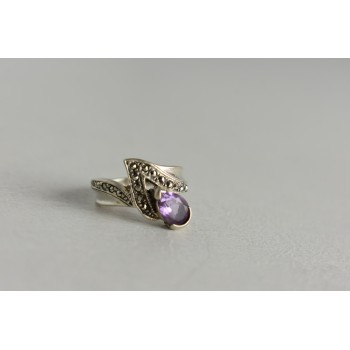 Sky Jewelry Серебряное кольцо с камнями Аметист и Морион